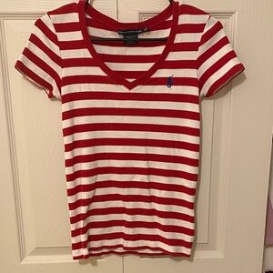 Ralph Lauren Red and White Striped V-Neck Short Sleeve Tee